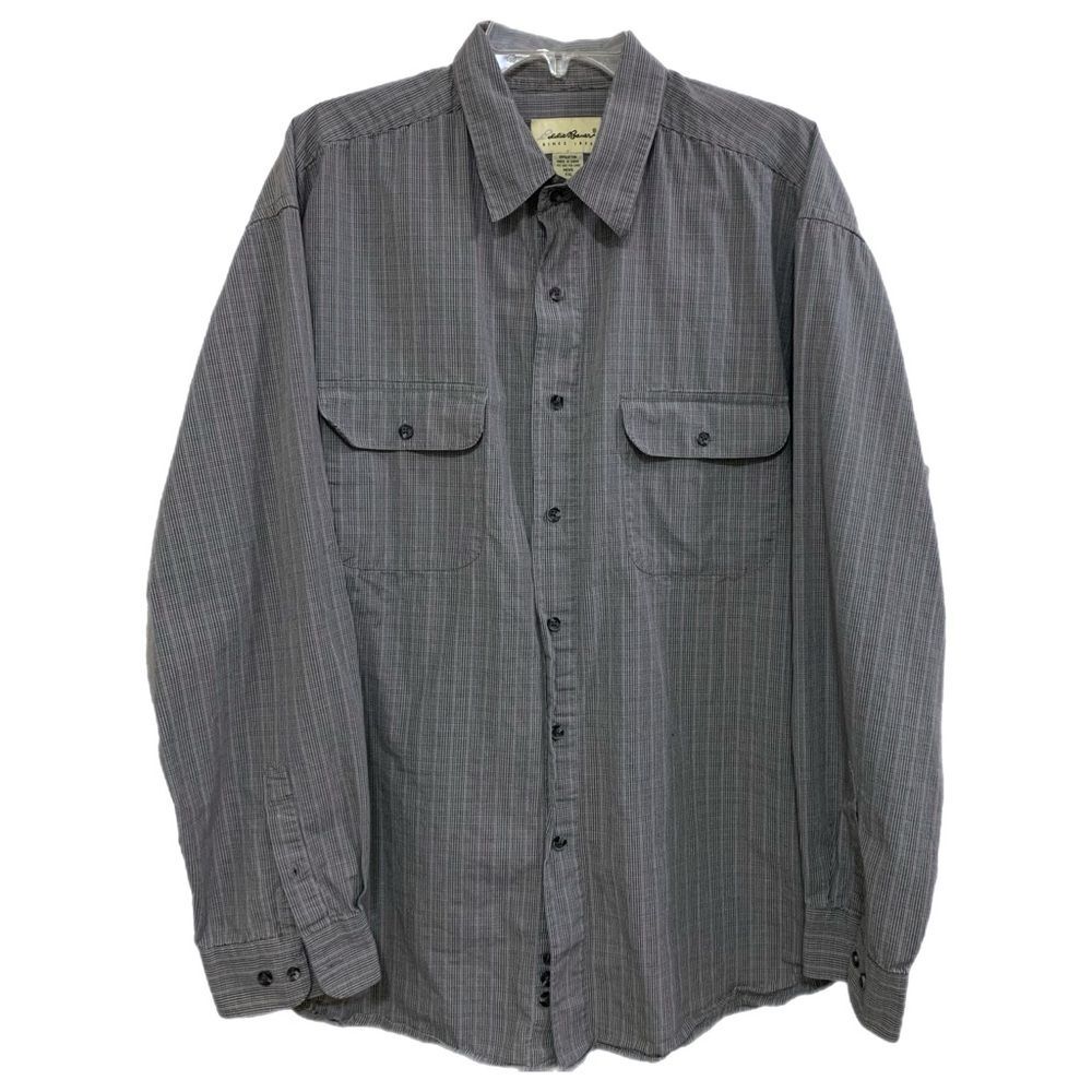 Eddie Bauer Cotton Button Up Pockets Shirt Men's Gray Plaid XXL.